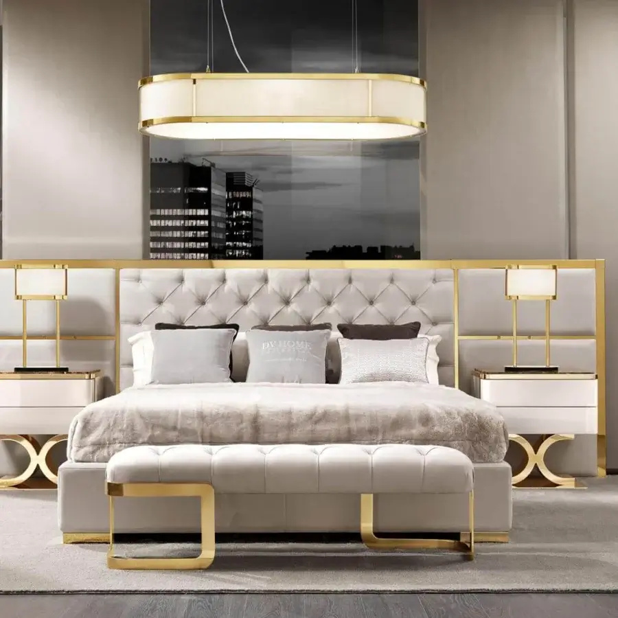 Distinctive DV Home Collection Coco bench crafted in Italy with comfortable fabric upholstery and lustrous golden steel legs