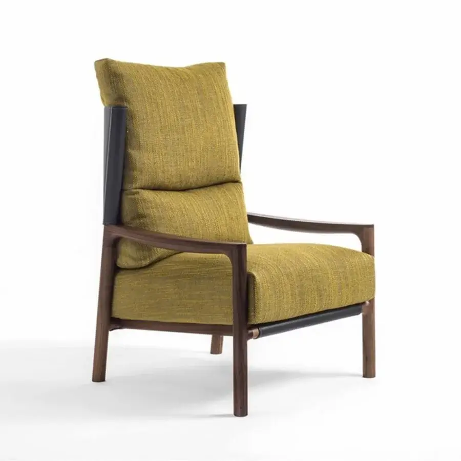 Elegant Porada Vera lounge chair with muted olive green Cuoietto leather upholstery and solid Canaletto walnut frame