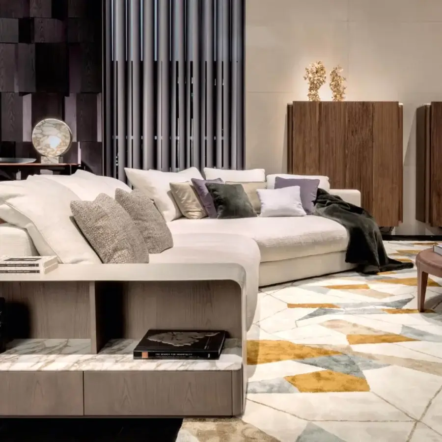 Superior Giorgetti Skyline sectional with light cream textile upholstery and matte finish, including adjustable headrests and marbled side table