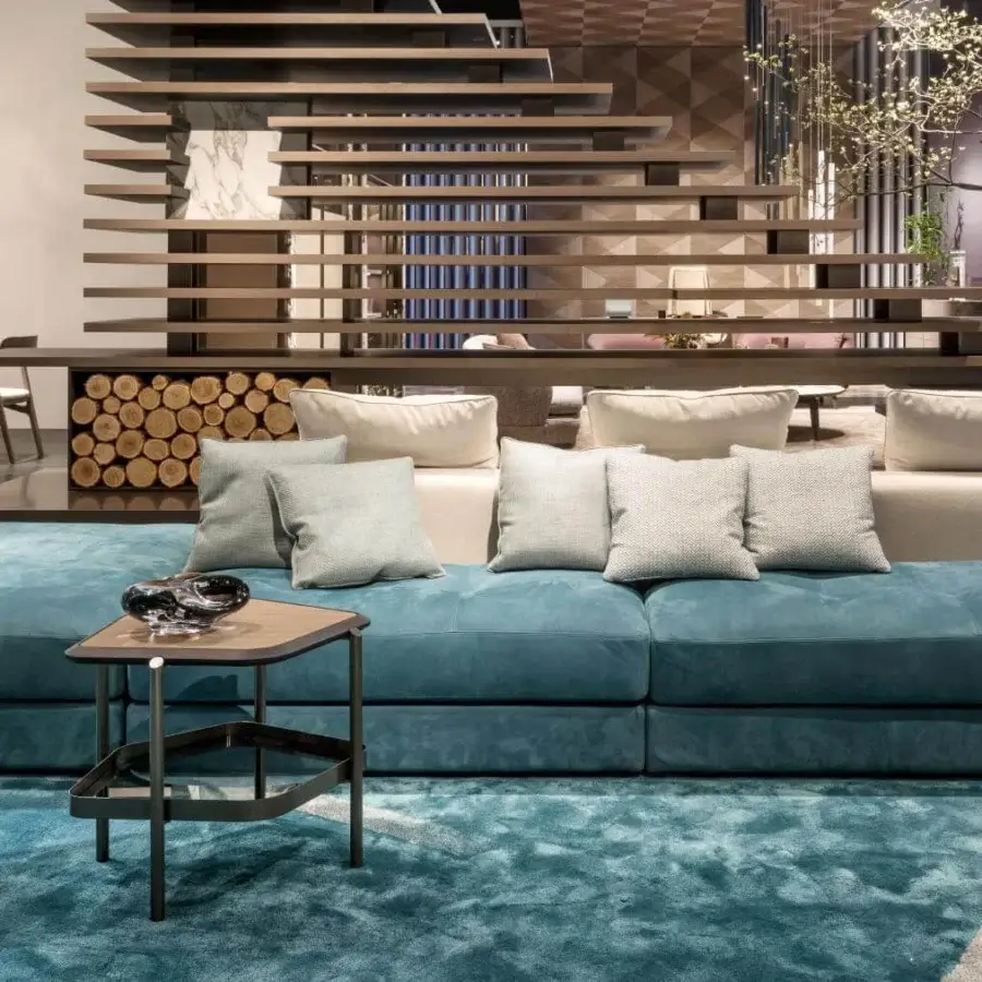 Lavish Giorgetti Skyline sectional with plush blue textile upholstery and reclining headrest mechanism built with dark metal