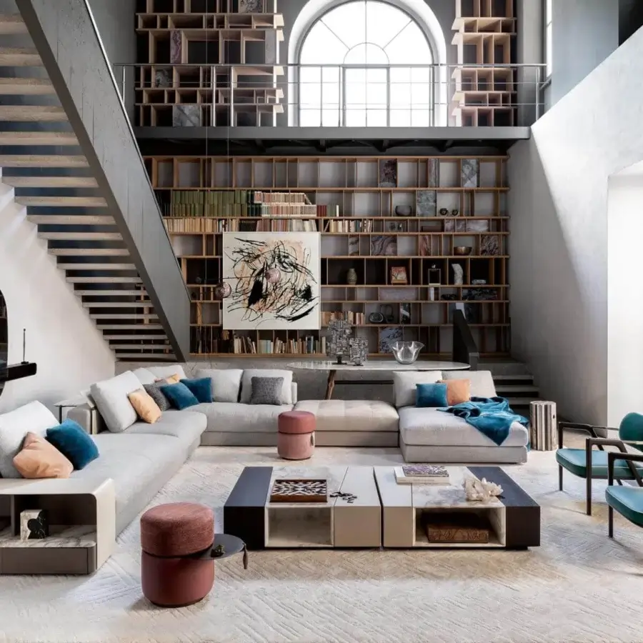Elegant Giorgetti Skyline sectional with light gray textile upholstery and contrasting blue peach cushions