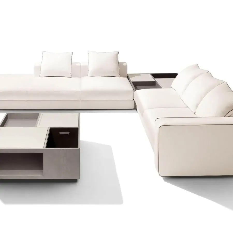 Distinguished Giorgetti Skyline sectional with light beige fabric upholstery and chic dark trim