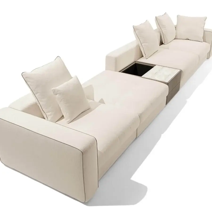 Exceptional Giorgetti Skyline sectional with light cream textile upholstery and matte finish, built with reclining headrests and a side table