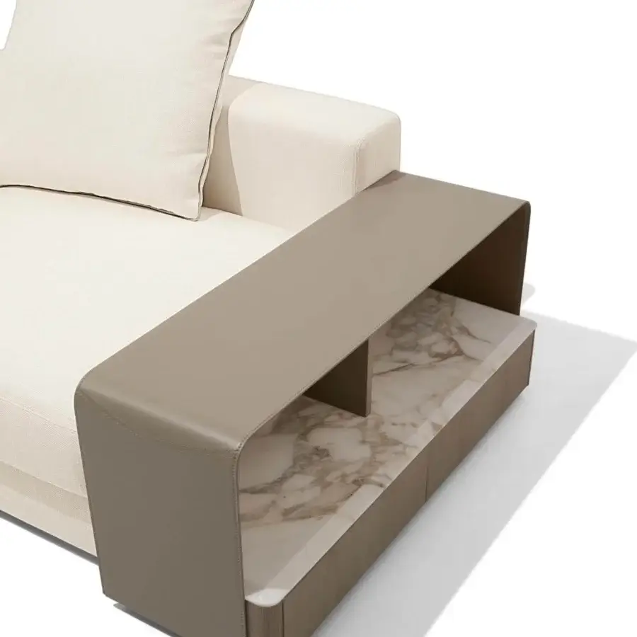 Lavish Giorgetti Skyline sectional with light cream fabric upholstery, taupe leather armrest and marble side table