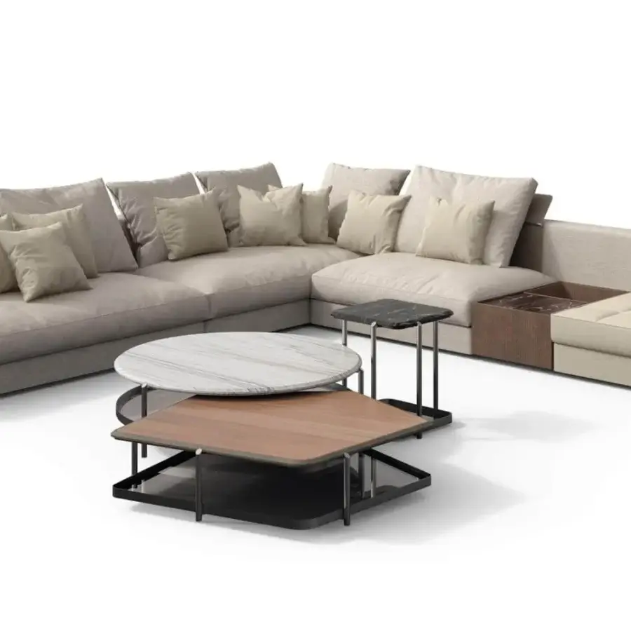 Superior Giorgetti Skyline sectional with light beige textile upholstery and wood metal details