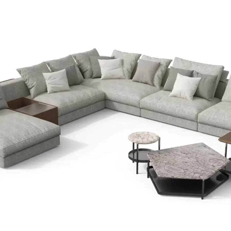 Distinguished Giorgetti Skyline sectional with light gray textile upholstery and integrated dark brown table
