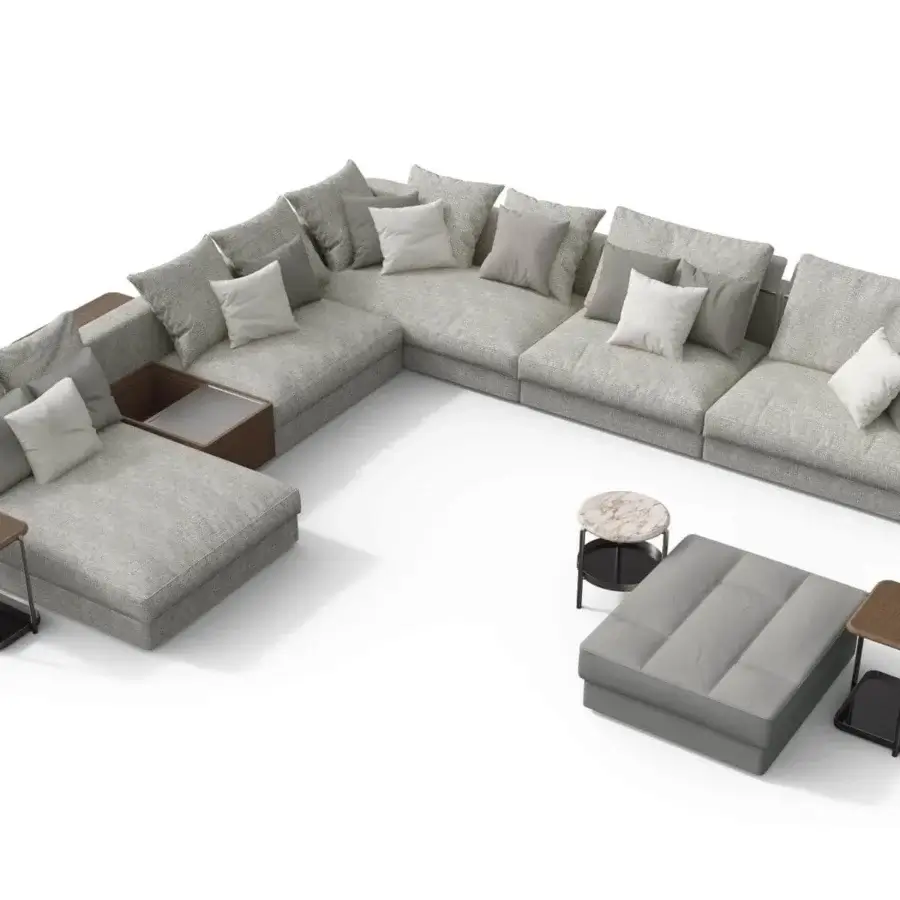 Superior Giorgetti Skyline sectional with light gray woven textile and reclining headrests built with wooden armrests