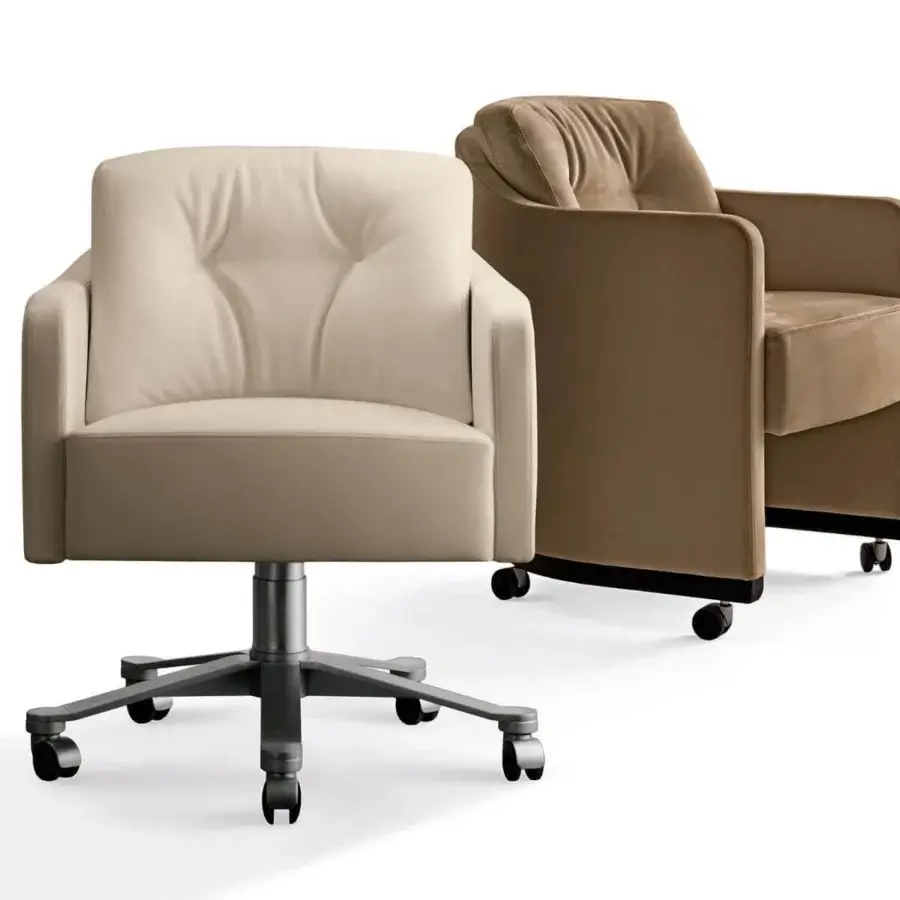 Distinguished Giorgetti Musa armchair in light beige textile with button tufting and painted metal base
