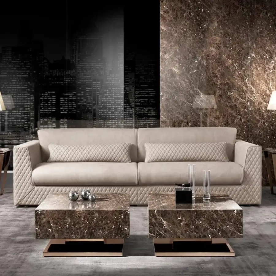 Distinguished DV Home Collection Cooper sofa built in Italy with light beige fabric and quilted detailing including lumbar cushions