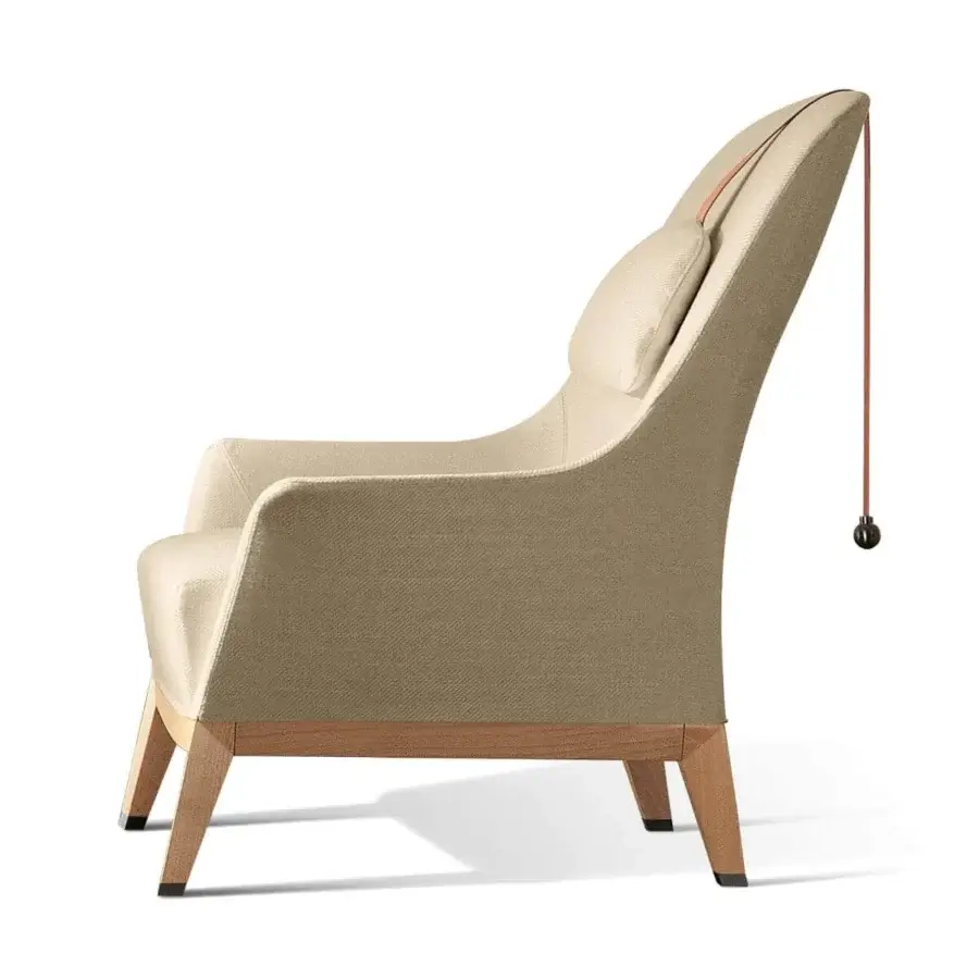 Stylish Giorgetti Normal lounge chair with light beige textured fabric and a light-toned solid beech wood base