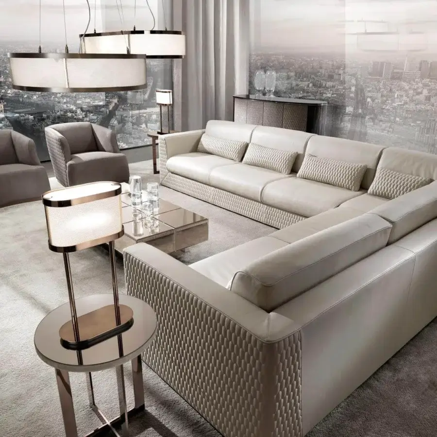 Exceptional DV Home Collection Cooper sectional with light beige fabric upholstery and solid wood structure