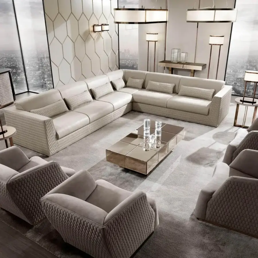 Lavish DV Home Collection Cooper sectional with light cream fabric upholstery and quilted cover built with solid wood structure
