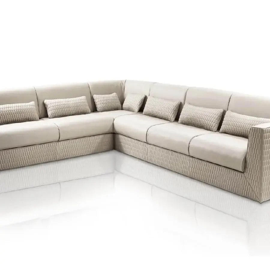 Distinguished DV Home Collection Cooper sectional with smooth light beige synthetic leather and textured textile base construction