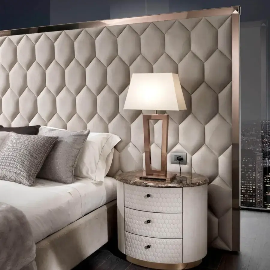 Exceptional DV Home Collection Charlotte nightstand with cacao walnut veneer, honeycomb leather drawers and mottled marble top