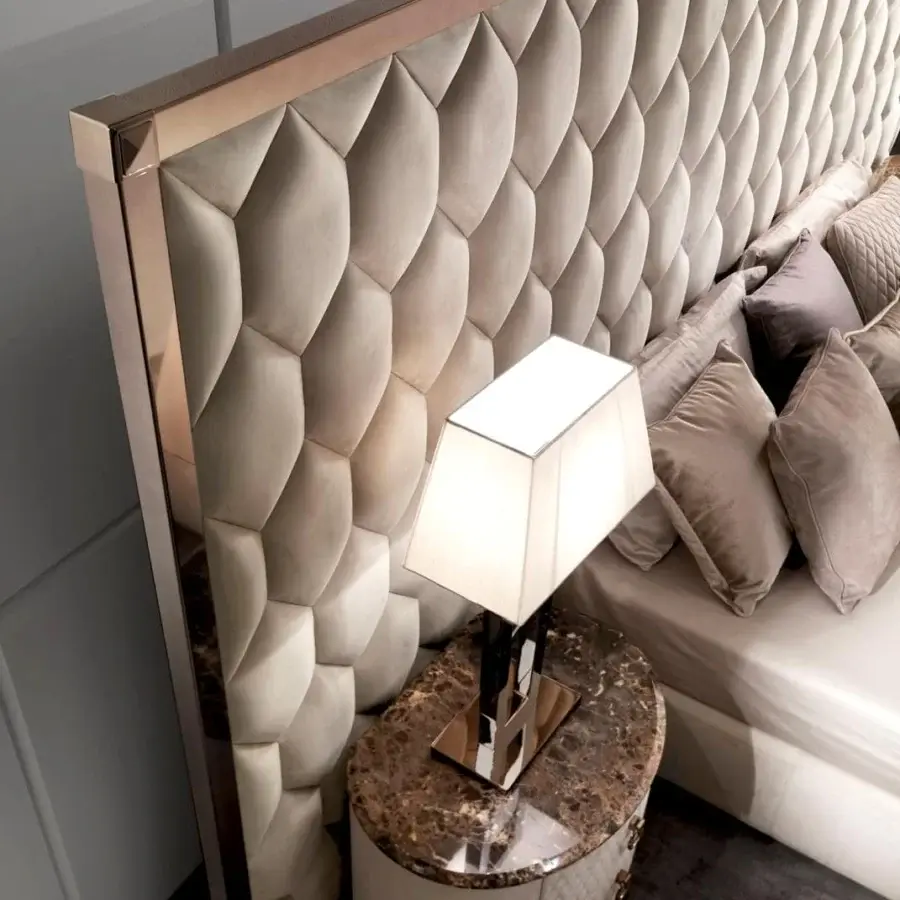 Superior DV Home Collection Charlotte nightstand with cacao walnut veneering, quilted light material and dark glossy marble top