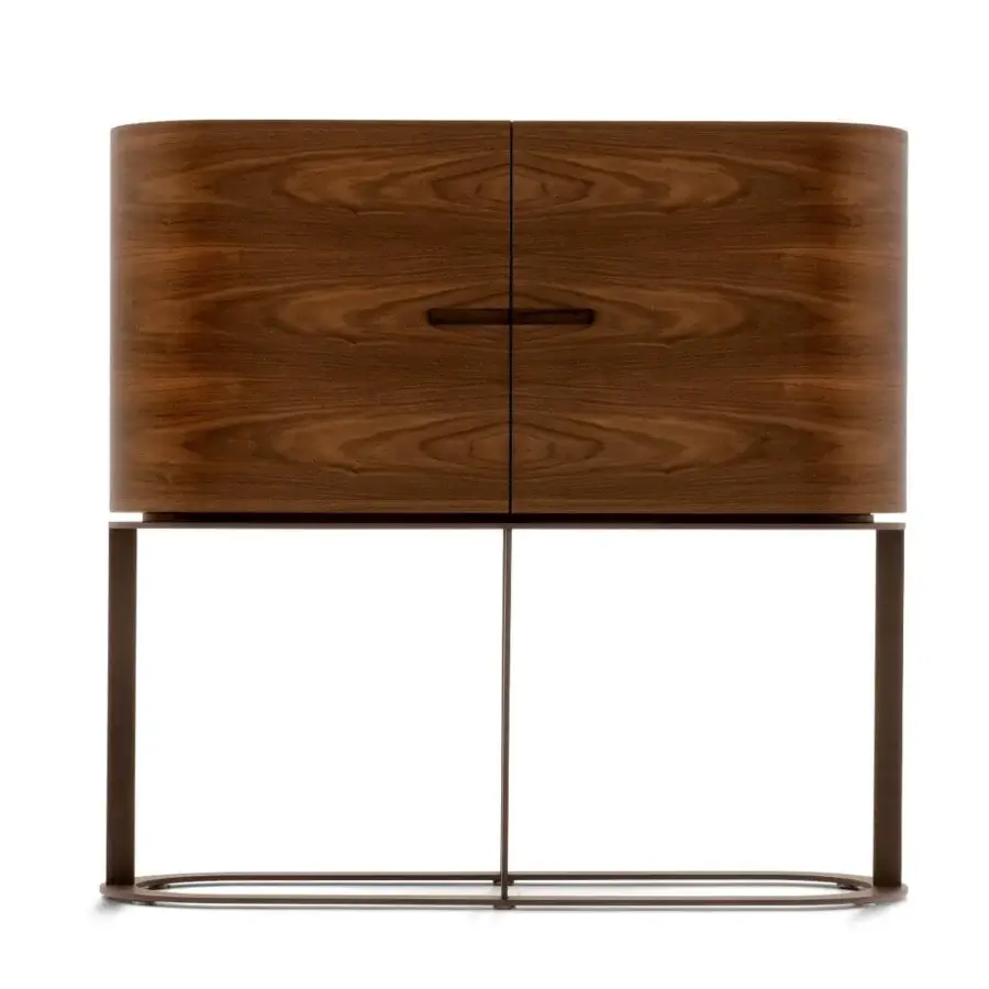 Distinguished Giorgetti Ino bar cabinet crafted with Canaletto walnut and dark bronze painted metal, boasting a glossy finish