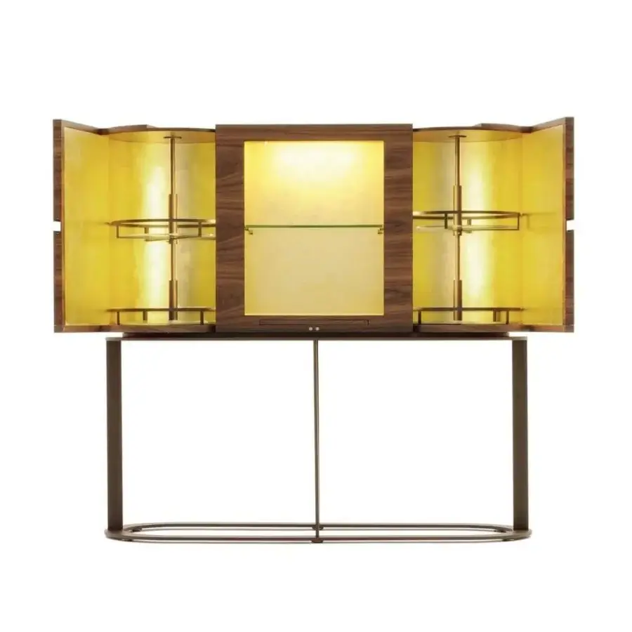 Exceptional Giorgetti Ino bar cabinet in Canaletto walnut with glossy dark brown exterior and bright yellow Fiddleback Sycamore interior built with a bronze base