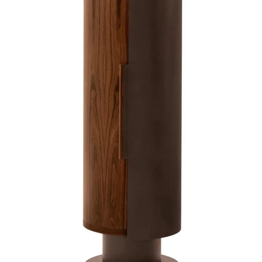 Superior Giorgetti Ino bar cabinet with cylindrical form in Canaletto walnut and dark metal presenting a bronze-painted base