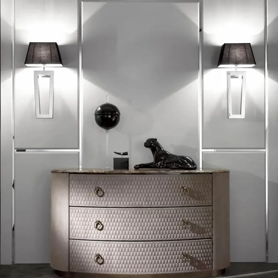 Distinguished DV Home Collection Charlotte dresser with light beige leather and hexagon quilting, built with a cacao walnut top