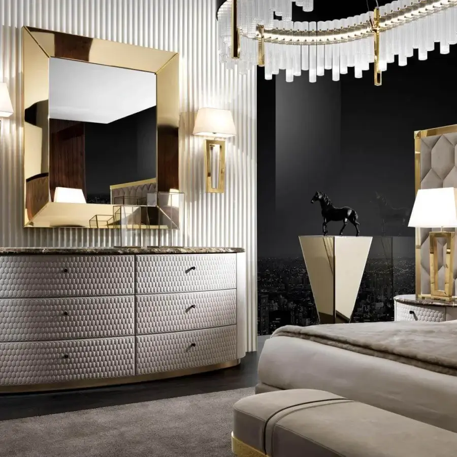 Exclusive DV Home Collection Charlotte dresser in light leather with hexagon quilting and gold-toned metallic base with dark marble top