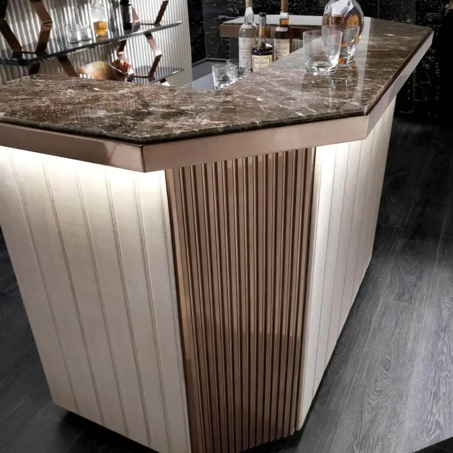 Exceptional DV Home Collection Charlotte bar with Ebano Macassar veneered wood, supple leather and Emperador Dark marble upper top in shaded glossy finish
