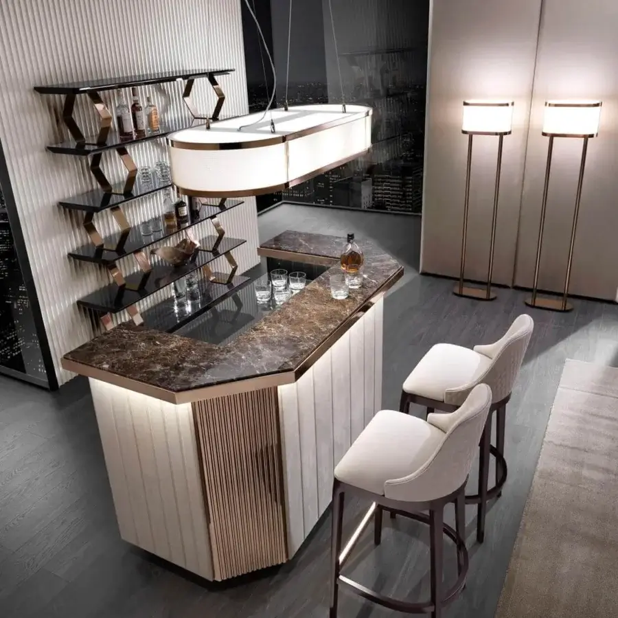 Distinguished DV Home Collection Charlotte bar with multilayer structure, off-white leather and dark Emperador Dark marble top with interior lighting