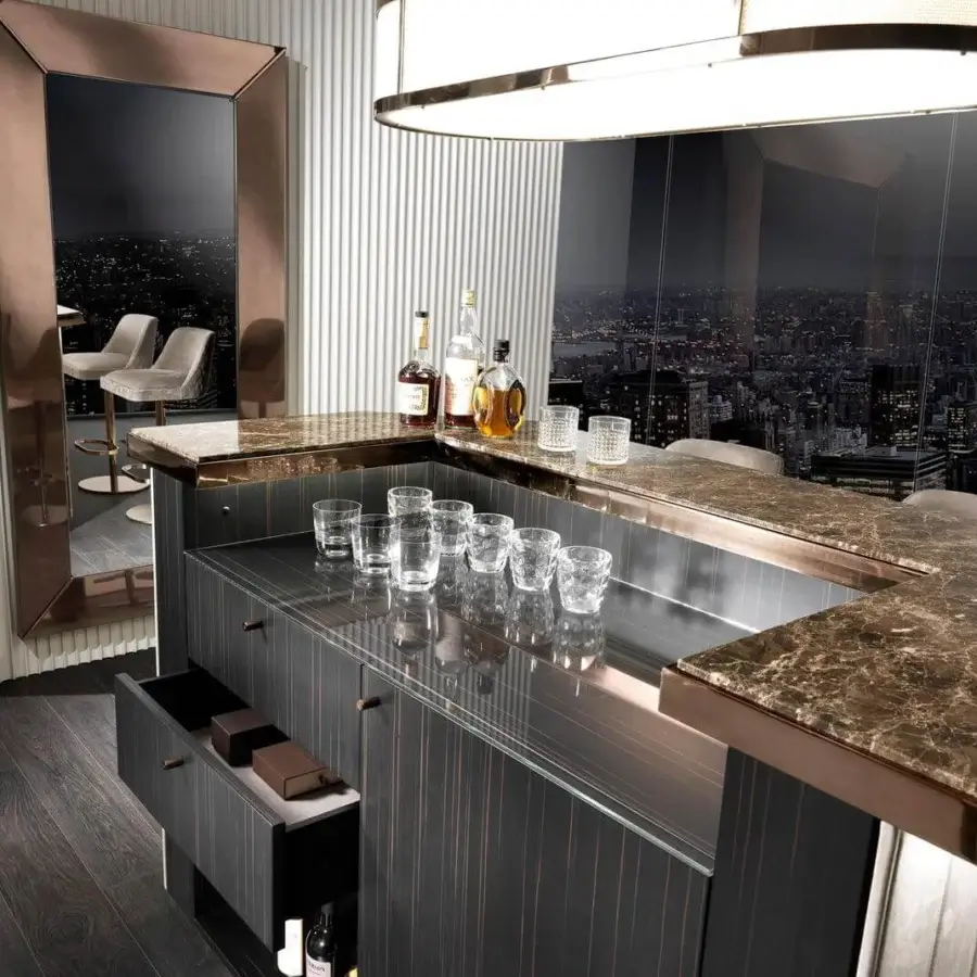 Exceptional DV Home Collection Charlotte bar with Ebano Macassar veneer, leather upholstery and Emperador Dark marble top in shaded glossy finish