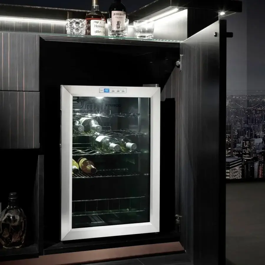 Luxury DV Home Collection Charlotte bar with Ebano Macassar veneer, leather, Emperador Dark marble and cromo black stainless steel accents