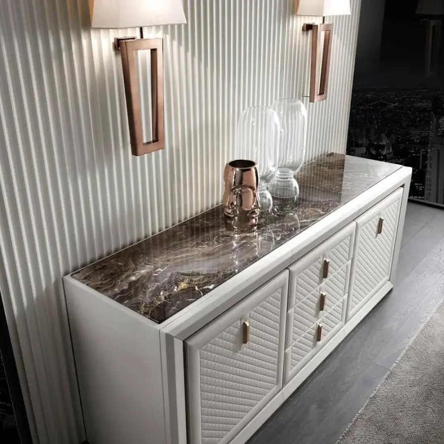 Distinguished DV Home Collection Adler sideboard with quilted light gray leather and glossy dark brown marble top