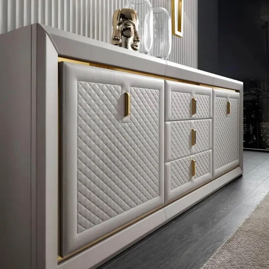 Lavish DV Home Collection Adler sideboard with quilted light gray leather and gold-toned stainless steel inserts