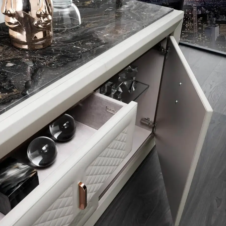 Superior DV Home Collection Adler sideboard with light leatherette, stainless steel inserts and a swirled dark marble top