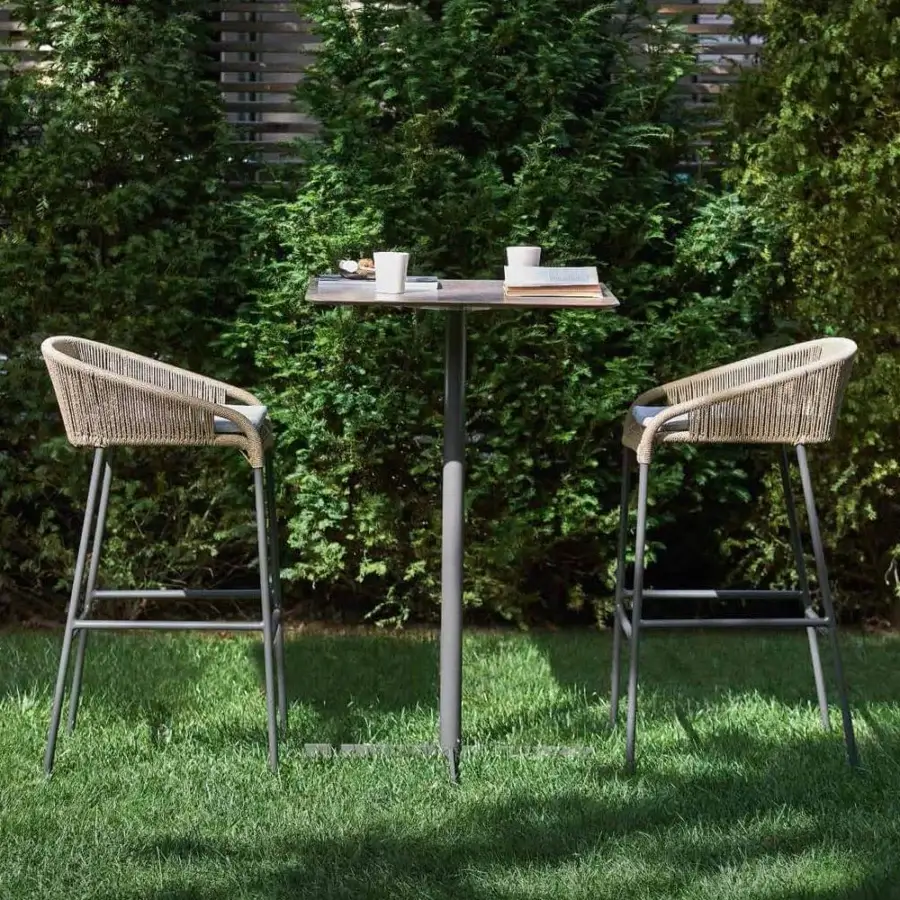 Distinguished Varaschin Summer Set bar table with glossy glass tabletop and matte grey powder-coated steel base crafted with C5M protective treatment