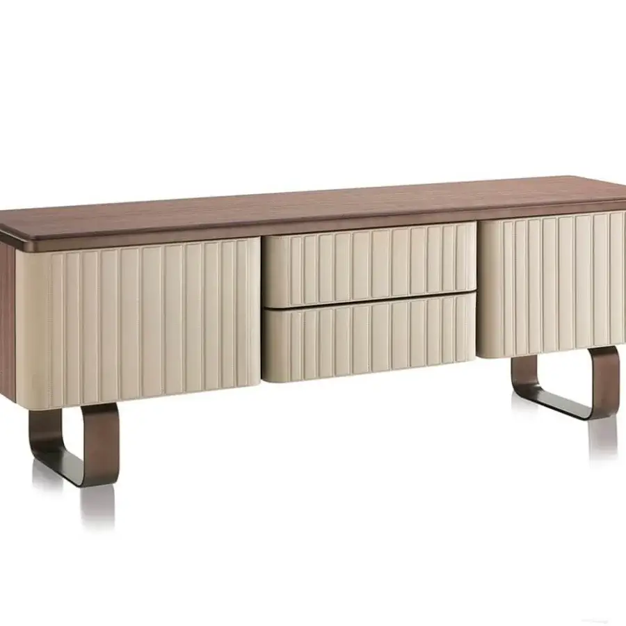 Distinguished DV Home Collection Elite TV stand with Noce Canaletto veneer and light beige leather front in a refined decorative pattern