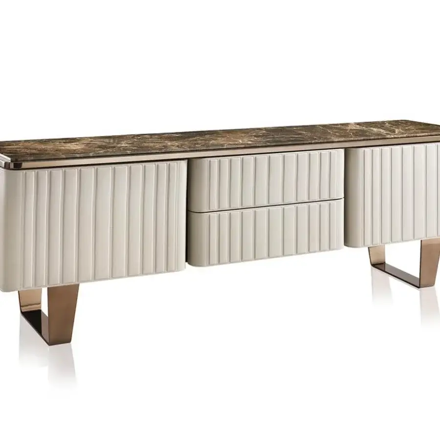 Distinguished DV Home Collection Elite TV stand with light beige leather and brown marble, built with angled bronze metal legs and matt lacquered internal parts