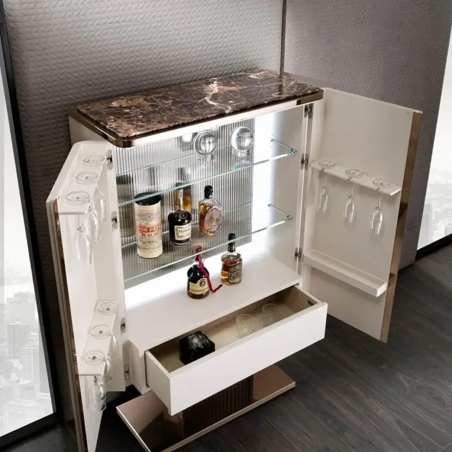 Superior DV Home Collection Elite bar cabinet with white glossy finish, brown marble-patterned top and gold-toned stainless steel trim