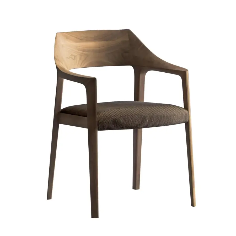Distinguished Potocco Scheggia armchair with sinuous form, dark brown padded seat and visible wood grain ash structure