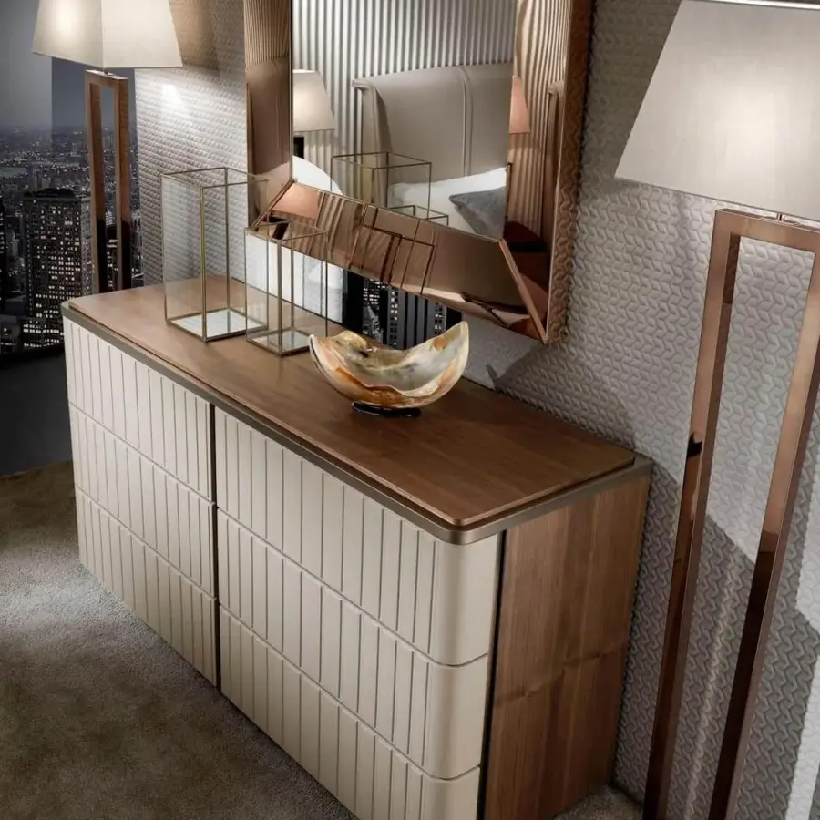 Superior DV Home Collection Elite dresser in Noce Canaletto veneered wood with lighter leather front and stainless steel accents