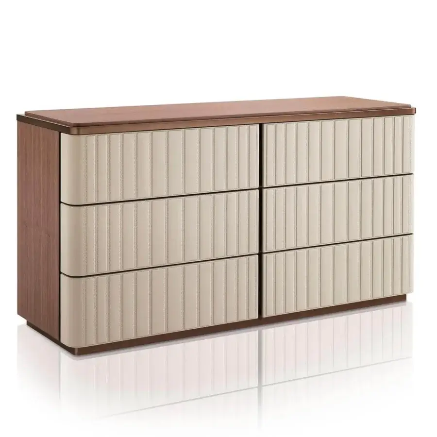 Distinguished DV Home Collection Elite dresser in Noce Canaletto veneered wood with light cream padded textile and satin finish