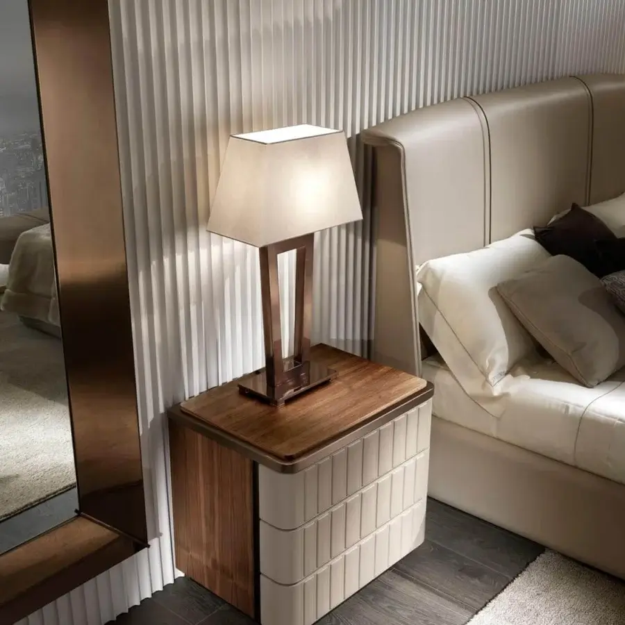Exceptional DV Home Collection Elite nightstand in Noce Canaletto veneered wood with textured off-white front and Blumotion drawers