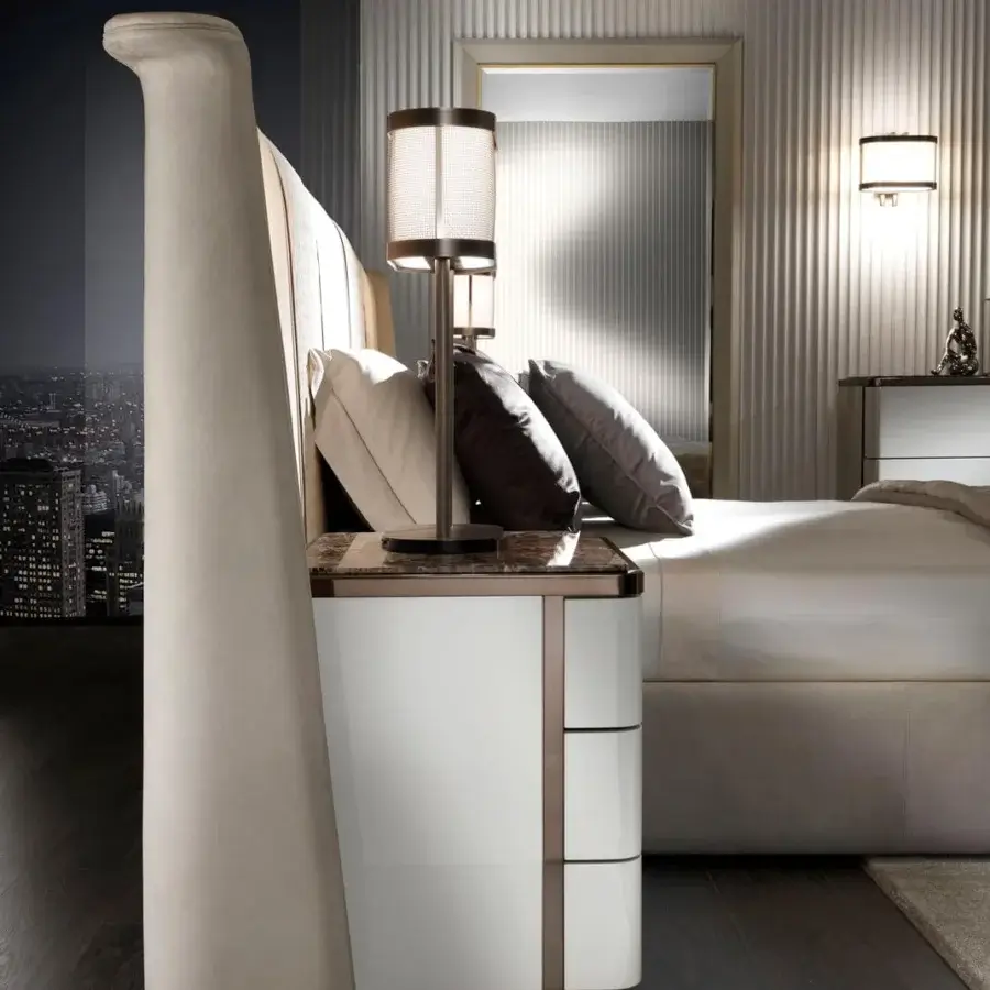 Distinguished DV Home Collection Elite nightstand crafted in Italy with glossy lacquered white and bronze accents plus stone-like surface