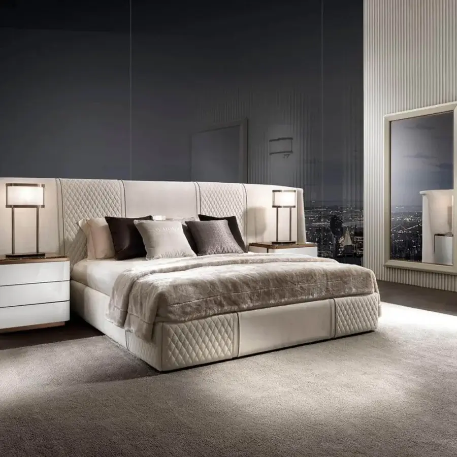 Exclusive DV Home Collection Elite nightstand crafted in Italy with glossy white lacquered multilayer structure and dark wood top with three drawers