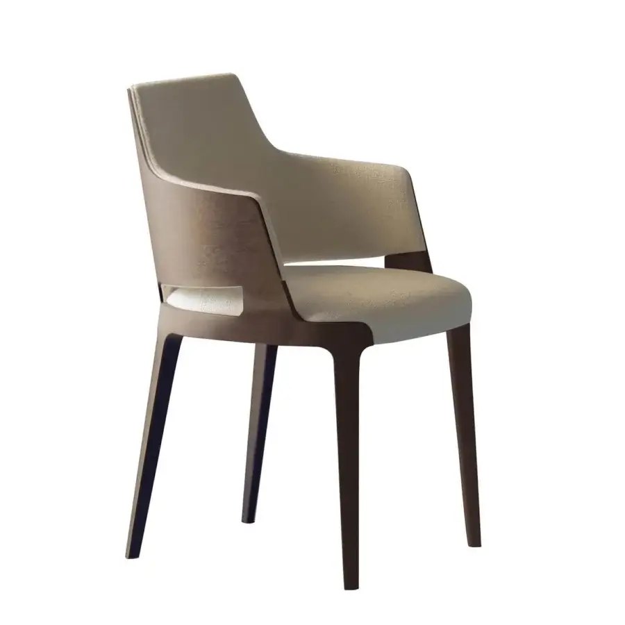 Distinguished Potocco Velis Wood armchair with warm brown ash wood frame and creamy textile upholstery