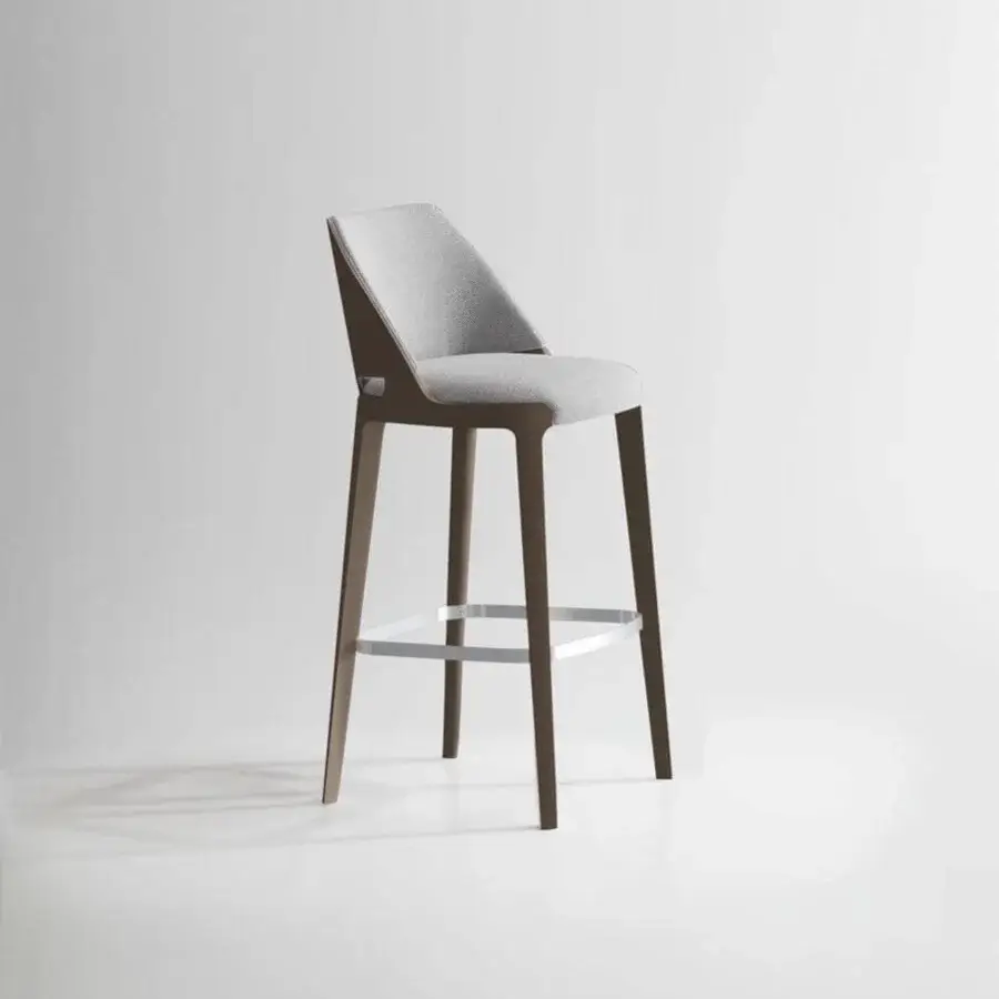 Sophisticated Potocco Velis stool with light gray upholstery and ash wood in a medium brown finish