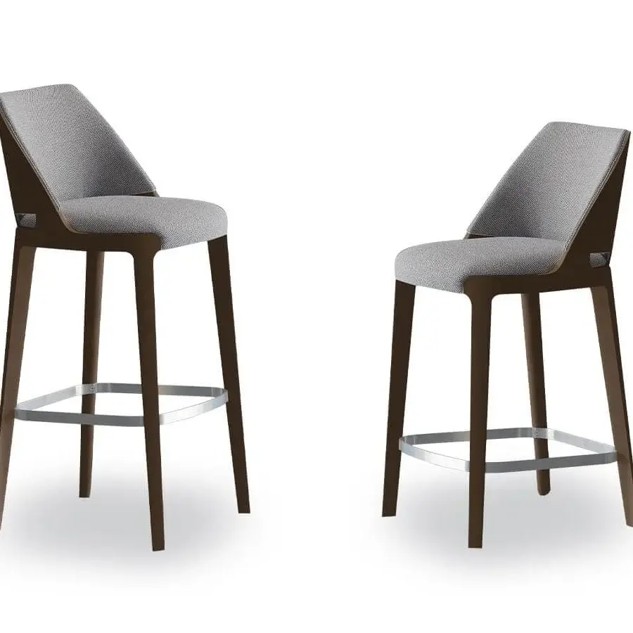 Elegant Potocco Velis stool with dark brown ash wood frame and light gray upholstered seat with silver metal footrest