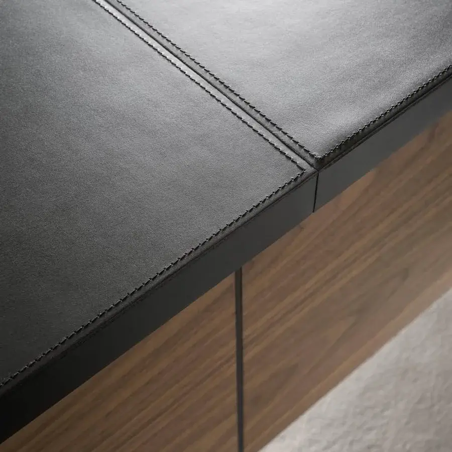 Elegant 4 Mariani Nami desk with black leather top and curved medium brown wood veneer base crafted in Italy