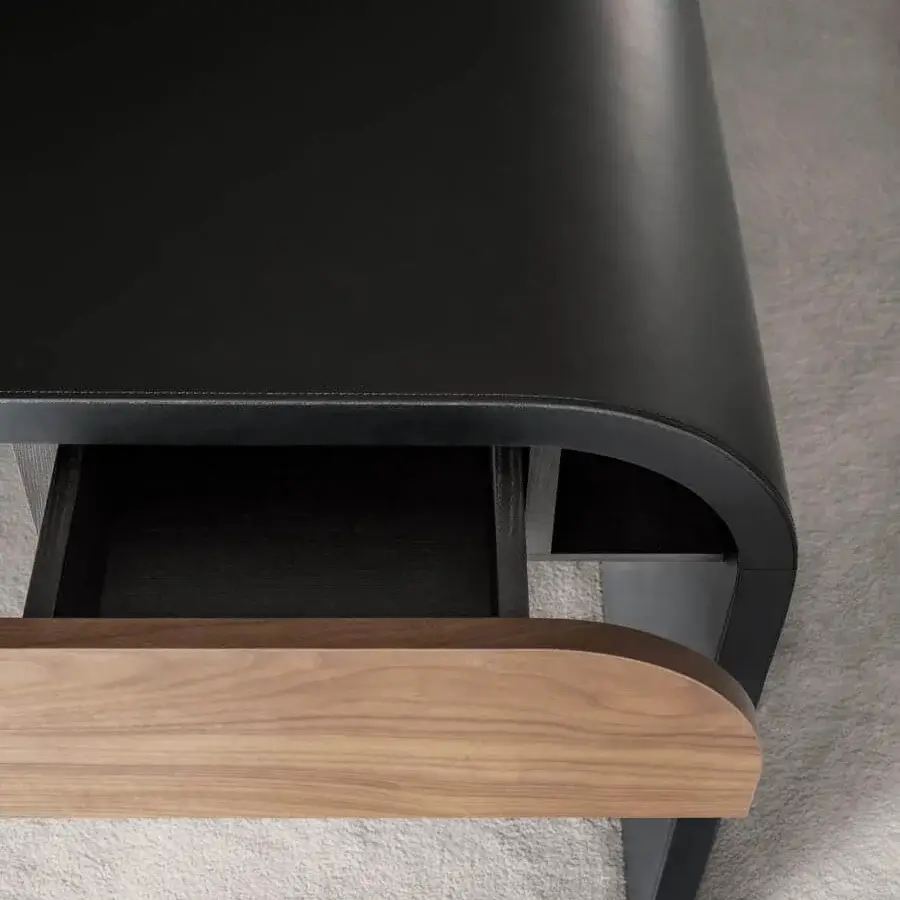 Elegant 4 Mariani Nami desk built with curved black saddle leather and veneered wood with wireless charging