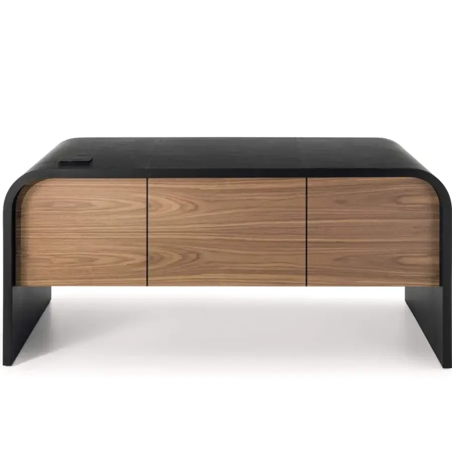 Superior 4 Mariani Nami desk crafted with curved black saddle leather and veneered wood drawer