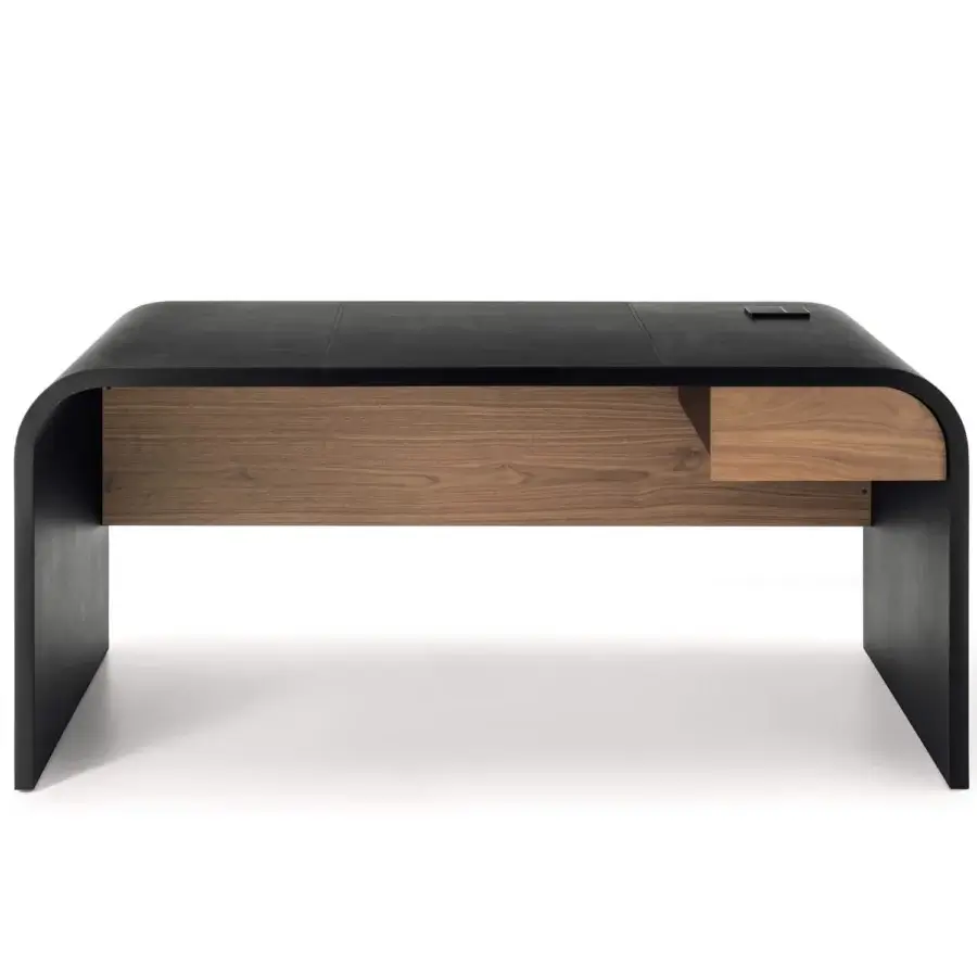 Distinguished 4 Mariani Nami desk built with curved dark saddle leather and veneered wood drawer in matte finish