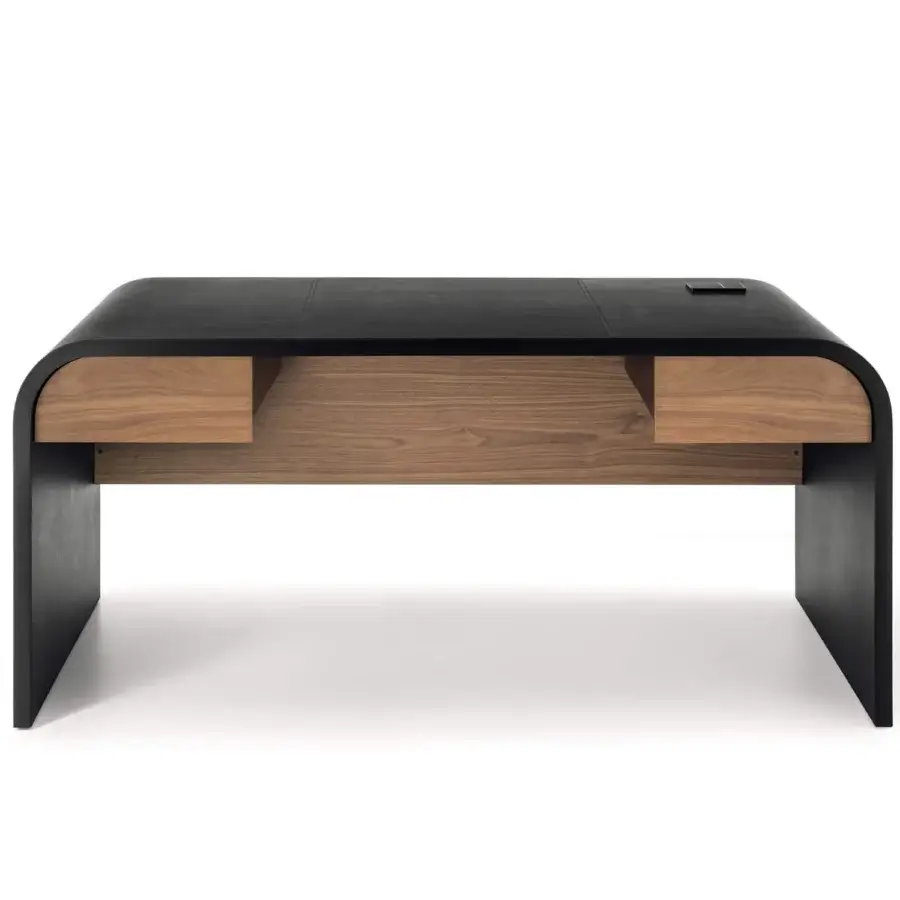Exceptional 4 Mariani Nami desk built with curved dark saddle leather and veneered wood drawer with hidden wireless charging