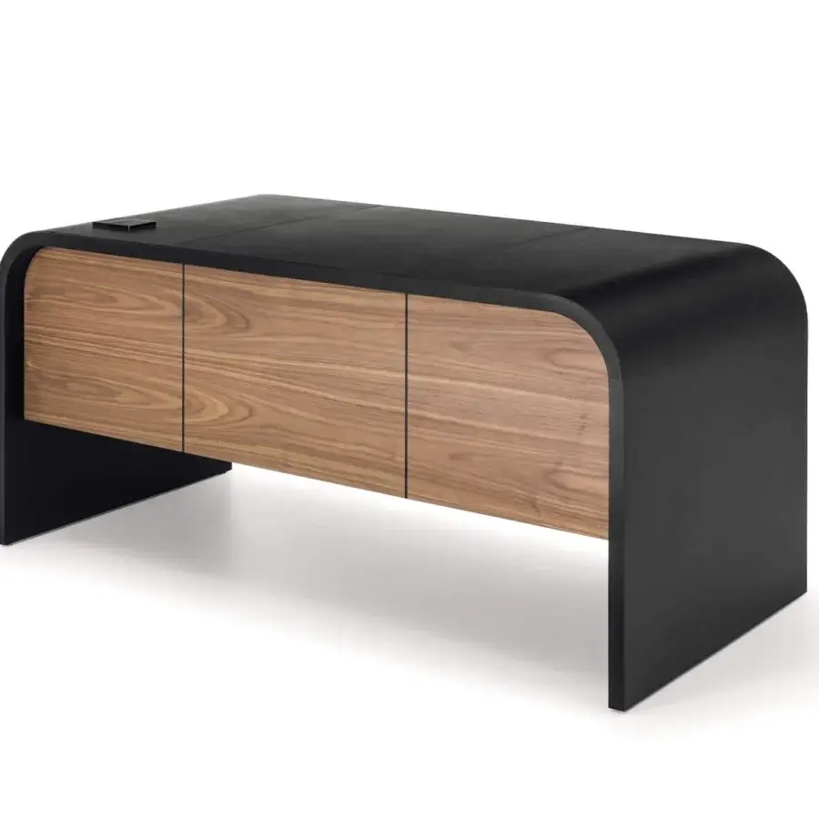 Lavish 4 Mariani Nami desk built with curved dark saddle leather and a veneered wood drawer with matte finish